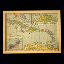 Vintage Caribbean Map WEST INDIES Wall Art Jamaica Cuba Haiti Bermuda ca 1939 picture