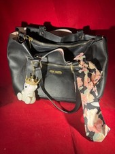 Steve Madden Black Pebble Leather Tote Bag With Floral Scarf & Crowned Bear 29-4 picture