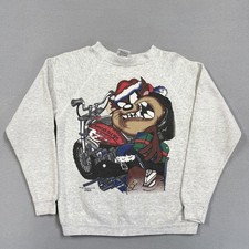 Vintage Tultex Sweatshirt Teens XL Gray Fleece Crewneck Pullover Taz Biker Xmas picture