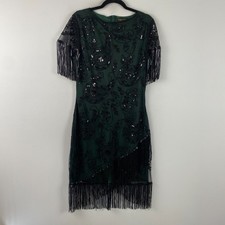 BABEYOND 1920s Flapper Dress Large Green Great Gatsby Fringed Sequin Beaded picture