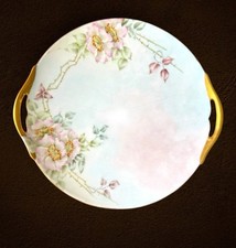 Antique D&C France Hand Painted Wild Rose Plate Pastel Gold Gilt Handle Trim 10