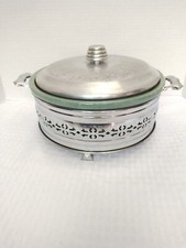 Vintage Fiesta Kitchen Kraft Covered Casserole Green Earthenware Metal Stand Lid picture