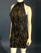 1980s Vintage Black Tie Oleg Cassini Black/Gold Beaded Halter Mini Dress 6 picture