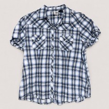 Harley-Davidson Women’s XL Blue Plaid Pearl Snap Rhinestone Wing Shirt picture