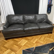 Gray Leather 3-Seat Sofa, Rolled Arms, Nailhead Trim, Cushion Back picture