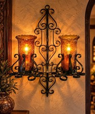 Vintage Mexican Wrought Iron Wall Sconce Double Amber Glass Electric Gothic 21” picture