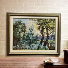 1981 Vintage Embroidered Forest with Wooden Bridge - Handmade 24x19