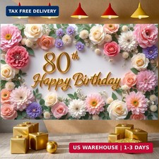 Flower 80th Birthday Banner Decorations for Women Pink Roses Floral Happy 80th B picture