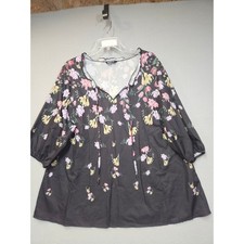 BloomChic Women Black Floral V-Neck Tie Blouse 3/4 Sleeve Plus Size 18-20 Top picture