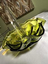 Vintage Viking Glass Epic Avocado Green Basket Double Crimp Clear Handle MCM 7.5 picture