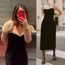 Doen Criselda Midi Dress Black Velvet Polka Dot Puff Sleeve Heirloom Size 00 picture