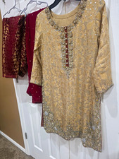 Stunning Gold & Burgundy Heavy Dabka Zari Banarasi Chiffon Salwar Kameez Set - S picture