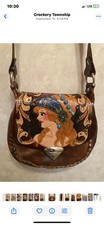 Vintage  Leather Crossbody Purse Hand Painted Lady Turquoise Settings picture