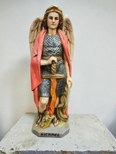 Vintage chalk Statue Archangel Saint Michael slaying Dragon religious art picture