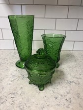 Vintage set of three vintage green pressed glass items in a grape pattern. picture