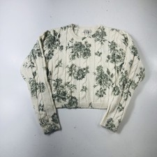 Francesca's Ivory Green Floral Cable-Knit Pullover Sweater Crew Neck Medium picture