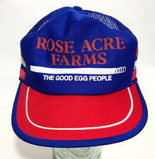 VTG USA Made ROSE ACRE Farms The Good Egg People 3 Stripes Blue Trucker CAP HAT picture