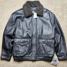 Jos. A. Bank Men's Leather Bomber Jacket Faux Fur Collar Size XL Black Br. New picture