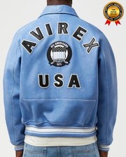 Men Avirex Sky Blue Real Bomber American Flight Jacket Faux Leather Jacket GIft picture