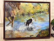 Framed Signed Realism Painting Horse & Dog Crossing River Animals Nature picture