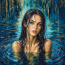 Original Hand Painted Woman in Water Portrait Painting 20x20, Blue Canvas Wall A picture