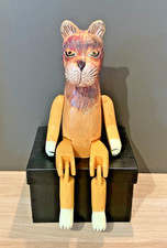 Vintage Hand Carved / Paint Yellow Wooden Lion Statue Figurine 12