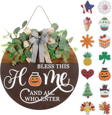 Interchangeable Seasonal Welcome Sign for Front Door, Rustic round Wood Wreath W picture
