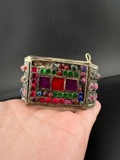 Vintage Kuchi Tribal White Metal Cuff Bracelet Boho Mosaic Glass Inlay picture