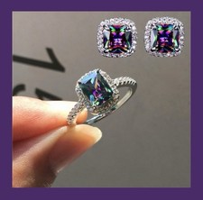 Gorgeous Rainbow Mystic Topaz CZ Halo Square Ring Size 9 & Halo Earrings Set picture