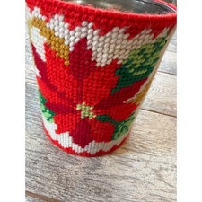 Handmade Needlepoint Christmas Poinsettia Metal Tin Canister Decor Vintage MCM picture