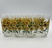 Vintage 1970s Yellow Daisy Flower Power Drinking Glasses Set of 8 Retro Floral picture