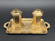 Vintage MCM Gold Salt Pepper Shakers Set Matching Handled Tray Restored Japan picture