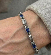 925 Sterling Silver Sapphire Stone Men's Bracelet, Turkish Handmade Jewelry picture