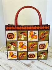 Vintage 70s Columbia Minerva Forest Naturals Needlepoint Patchwork Tote Bag EUC picture