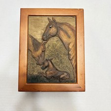 Vintage Hand Carved Wood Horse Trinket Box Relief Mare Foal Keepsake Jewelry picture