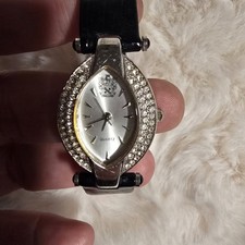 Paolo Gucci Vintage Women's Quartz Oval Watch Silver Dial Black Leather Strap picture