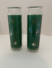 VTG MCM Frosted Glass Pillar Candle Holders Starburst Design Green Hobnail Rim picture