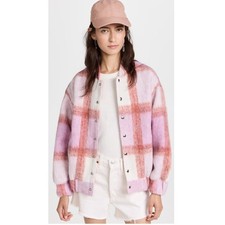 IRO Lahiana Pink Plaid Wool Blend Fleece Bomber Jacket Cropped FR Size 36 US 4 S picture