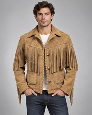 Unisex Tan Suede Leather Fringe Jacket Western Cowboy Vintage Boho Coat picture