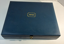 VTG Avon Navy Blue Hardshell Jewelry Box Gold Logo Velvet Interior 10