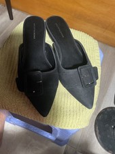 Saks Fifth Avenue Louisa Suede Buckle Pointed Toe Mules Black Size 9M picture