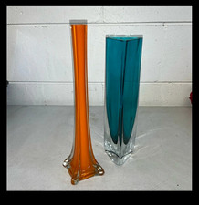MURANO - Pair of Vintage Mid Century Vases - Orange Swung & Teal Sommerso picture