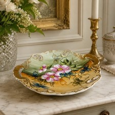 Victorian Vintage Hand Painted Porcelain Bowl Tray Floral Gold Gilt Handles 8.5” picture