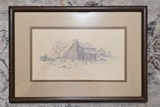 Vintage Gaylord Stevens Style Rustic Log Cabin Art Sketch Print Framed Matted picture