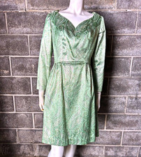 vintage 60s green silver gold metallic glitter sparkle Paisley dolly dress L picture