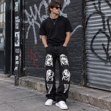 ROMWE Graphic Face Art Jeans Mens Ripped Streetwear Black Size Small(US 36) NWT picture