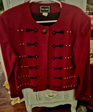 Patty Lewis VTG Wool Jacket W/ Suede Trim & Brass Buttons Sz Lrg Dark RED picture