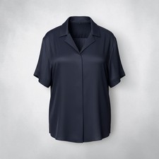 Quince Washable Stretch Silk Short Sleeve Notch Collar Blouse Navy Blue Sz L NWT picture
