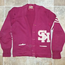 Vtg 1950s Dehen Wool Letterman Varsity Cardigan Sweater Burgundy Distressed L XL picture