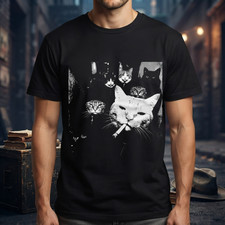 Smoking Cat Gang T-Shirt Funny Mafia Kitty Graphic Tee Vintage Unisex S-5XL picture